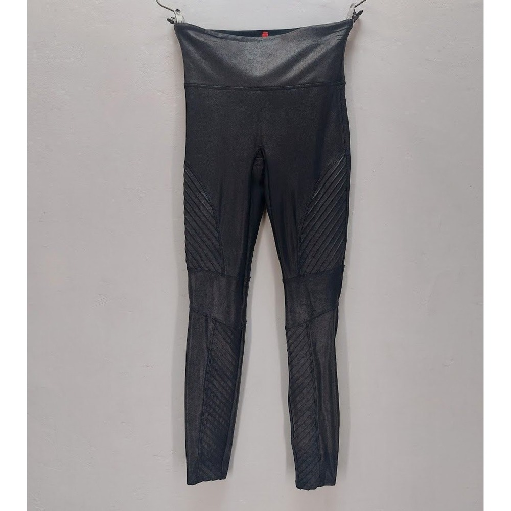 Spanx Moto Leggings Women's M Black Faux Leather Shaping Ribbed Pintuck Edgy